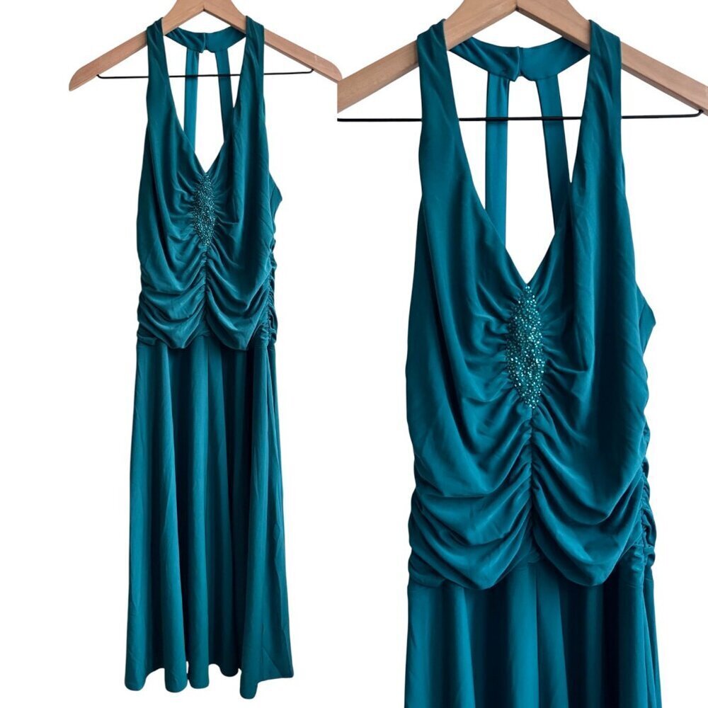 Vintage Y2k Sparkly Glitter Teal Halter Prom Party Dress Ruched Bodice Size 8 - Picture 1 of 5